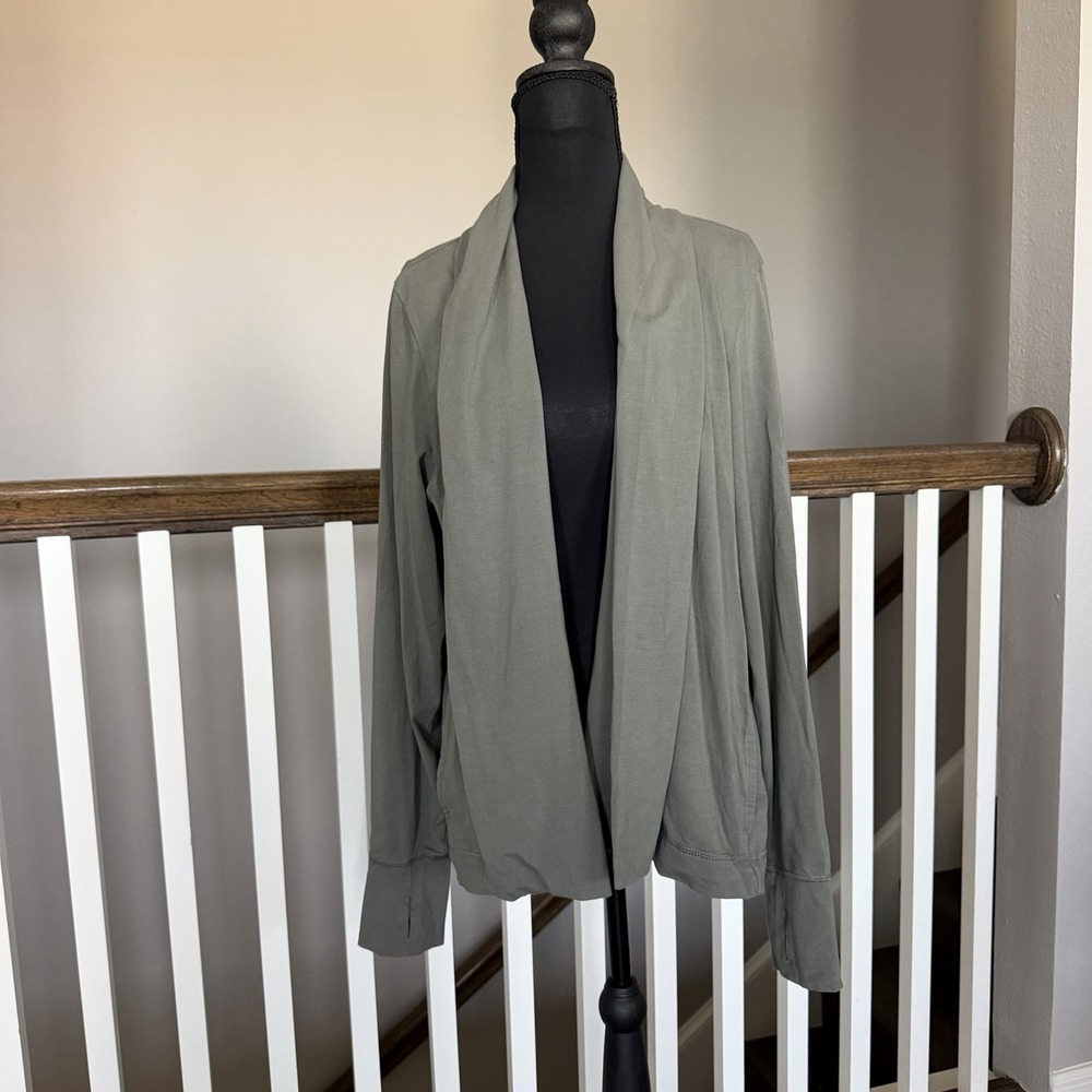 Pact Organic Cotton Open Front Cardigan Green Shawl Collar Thumbholes Large